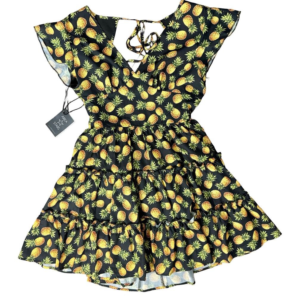 Area Stars Pineapple Black Yellow Flutter Sleeve Mini Dress size S NEW Tags - Picture 9 of 13